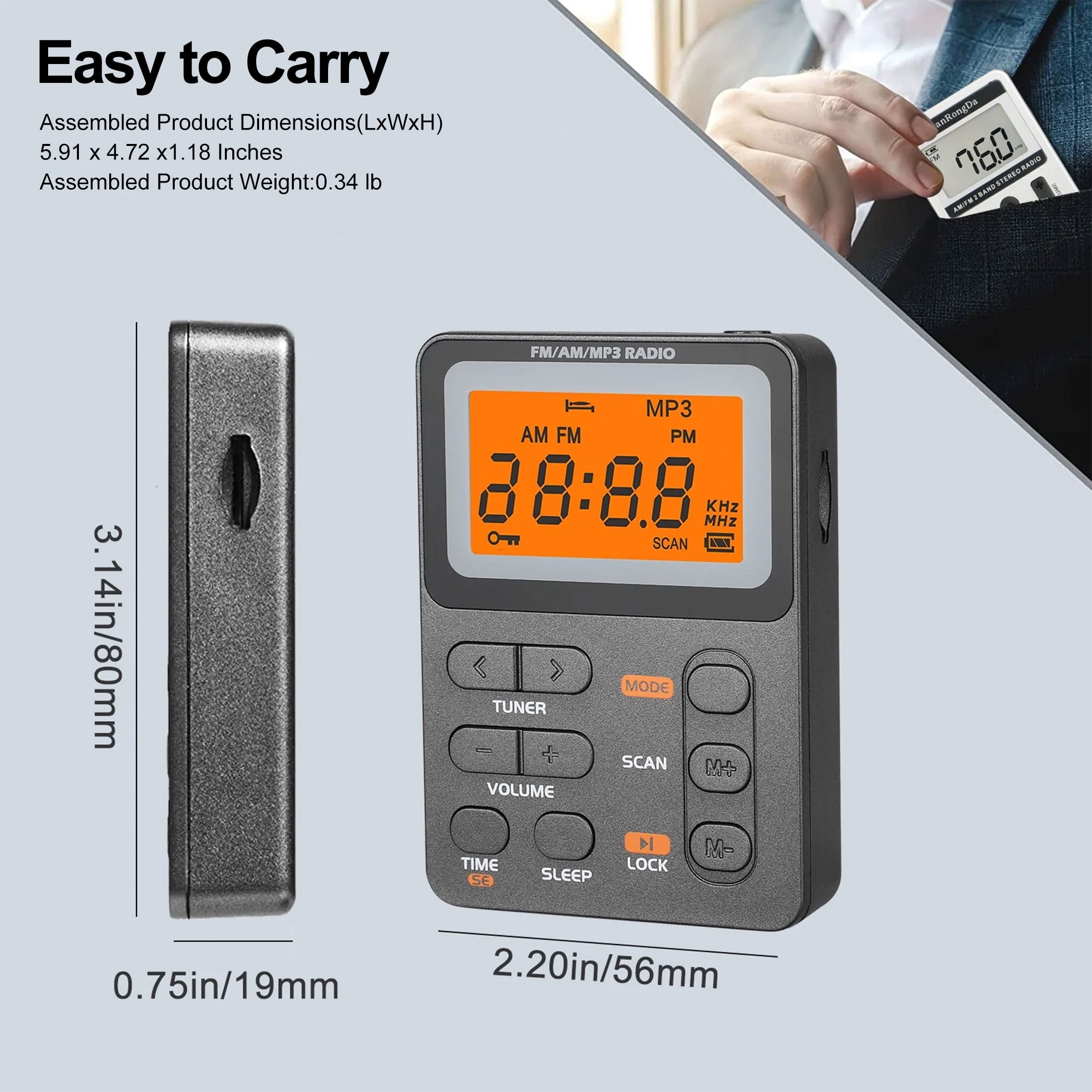 Compact AM/FM Pocket Radio with Rechargeable Battery | Portable Digital Tuning Stereo | Earphone Included for Walking, Jogging, Camping & Emergency Use
