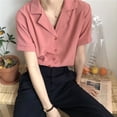 thumbnail image 4 of Women's Solid Color V-neck Topwoner Short Sleeve Button Down Shirt, 4 of 5