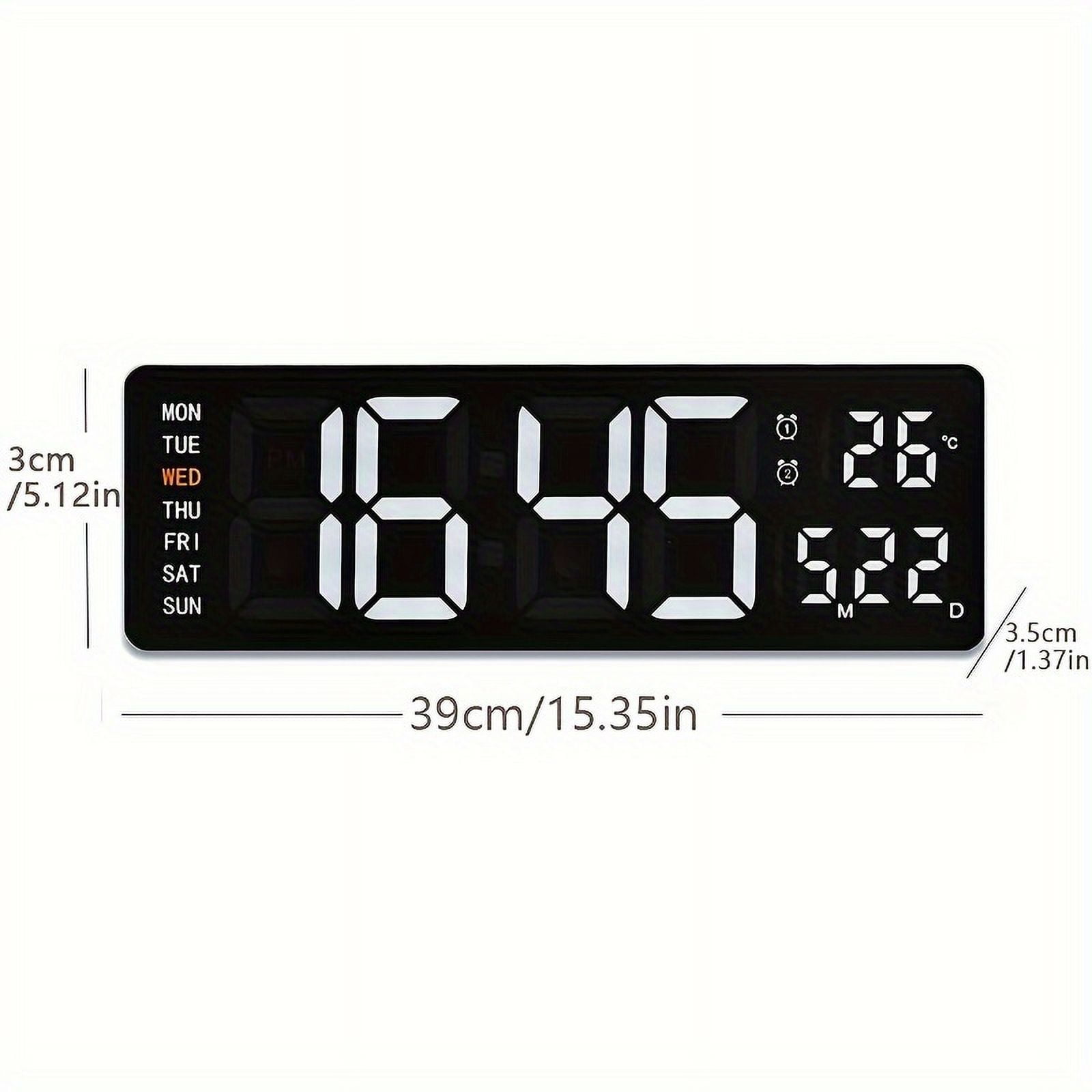 1 Pc 15.6inch Large LED Wall Clock with Timer Countdown Function, Date, Dual Alarm Clock, Time 12/ 24h, Temperature Display, 10 Level Brightness Adjustable, Memory Function, Including 2M Cable