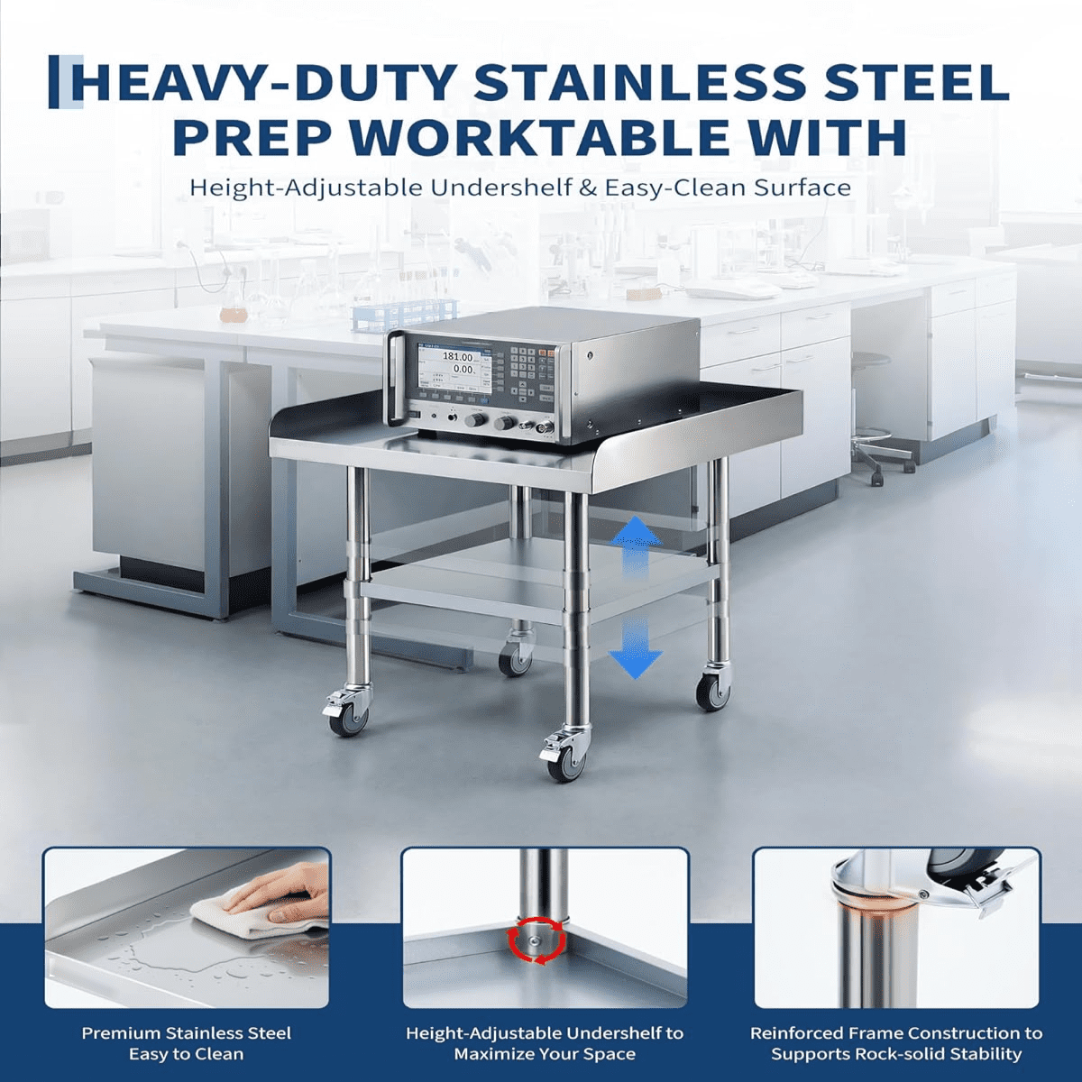 Stainless Steel Work Table,Commercial Food Prep Worktable with  3-Sided Backsplash&Height-Adjustable Shelf,Heavy Duty Portable Prep Worktable with 4 Wheels for Restaurant Home Hotel
