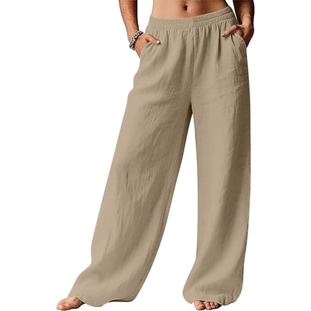 Women s Cotton Linen Pants Solid Color Straight Leg Casual Trousers High Waist Comfortable and Breathable Flowy Pants for Women Loose Fit Everyday Long Pants Khaki S