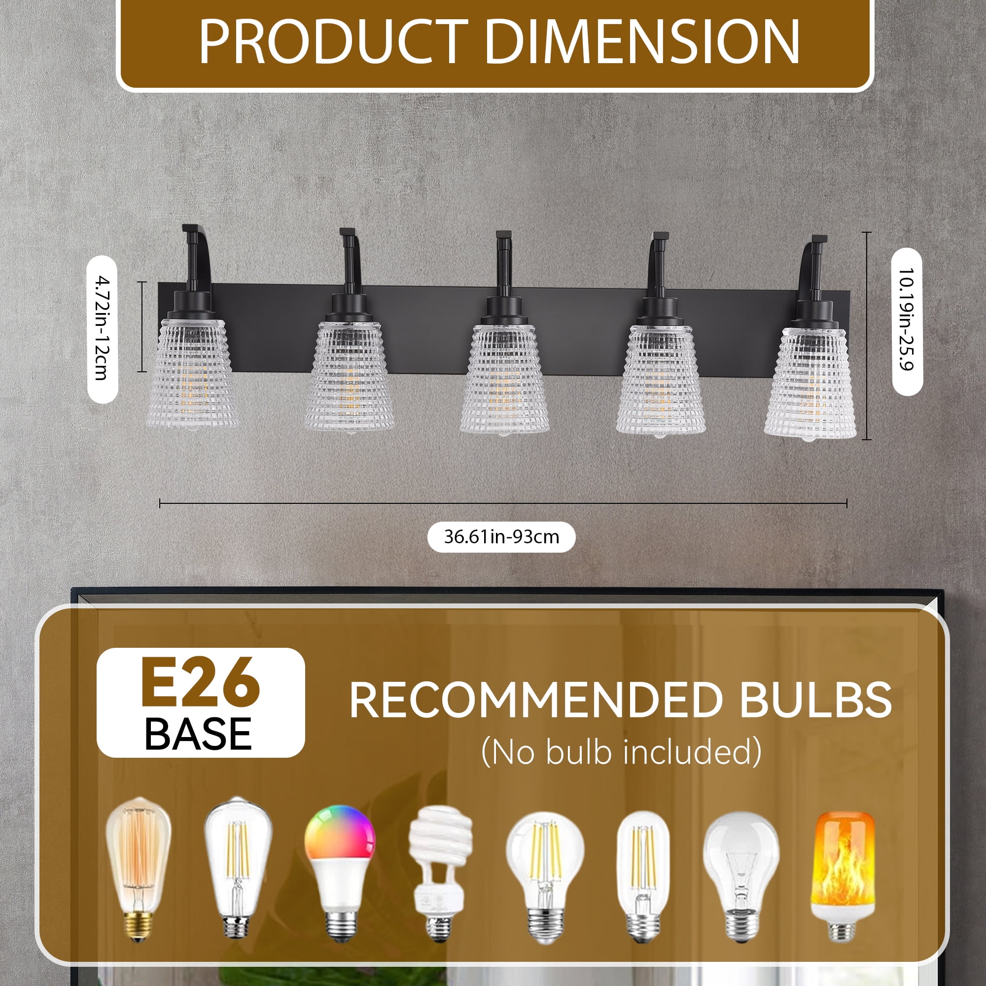 5-Light Matte Black Vanity Light, Large Modern Farmhouse Bathroom Light Fixture with Clear Rippled Glass Shades, 36.61 Inch