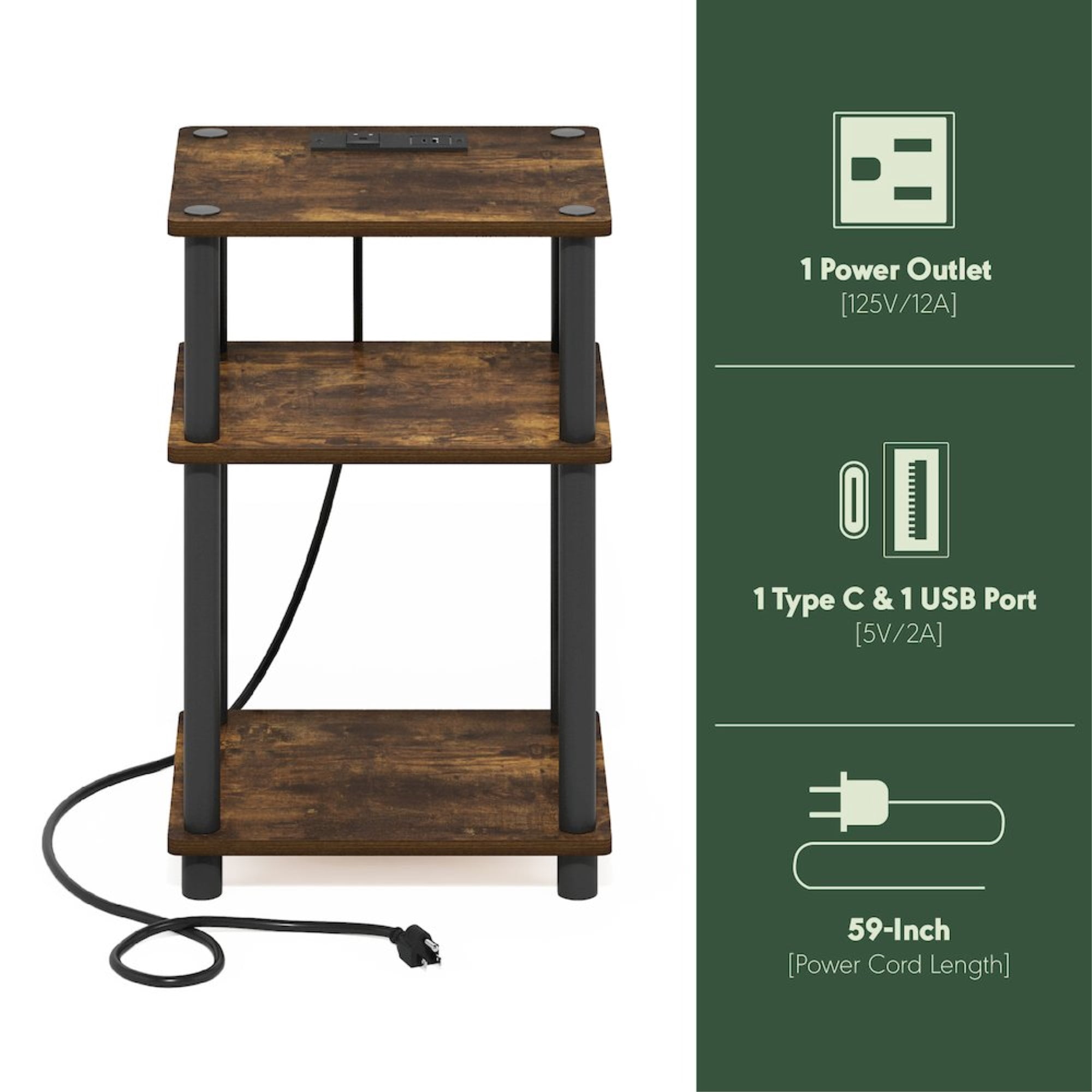 3-Tier Turn-N-Tube Open Storage Side Table, End Table with USB
