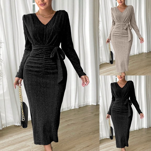ClodeEU Womens Fashion V Neck Long Sleeve Knit Dress ,Tie Waist Casual Bodycon Maxi Dress Black,Womens Plus S