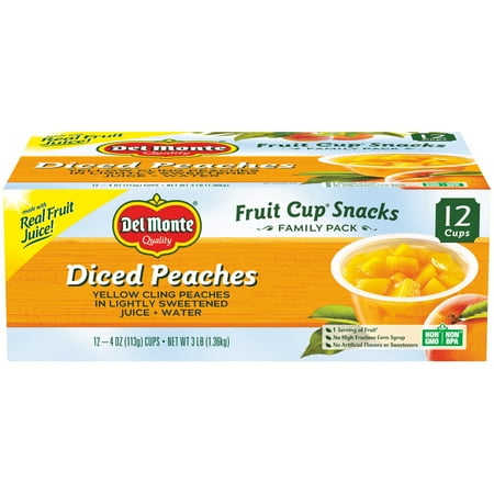 (12 Cups) Del Monte Fruit Cup Snacks Diced Peaches, 4 oz cups