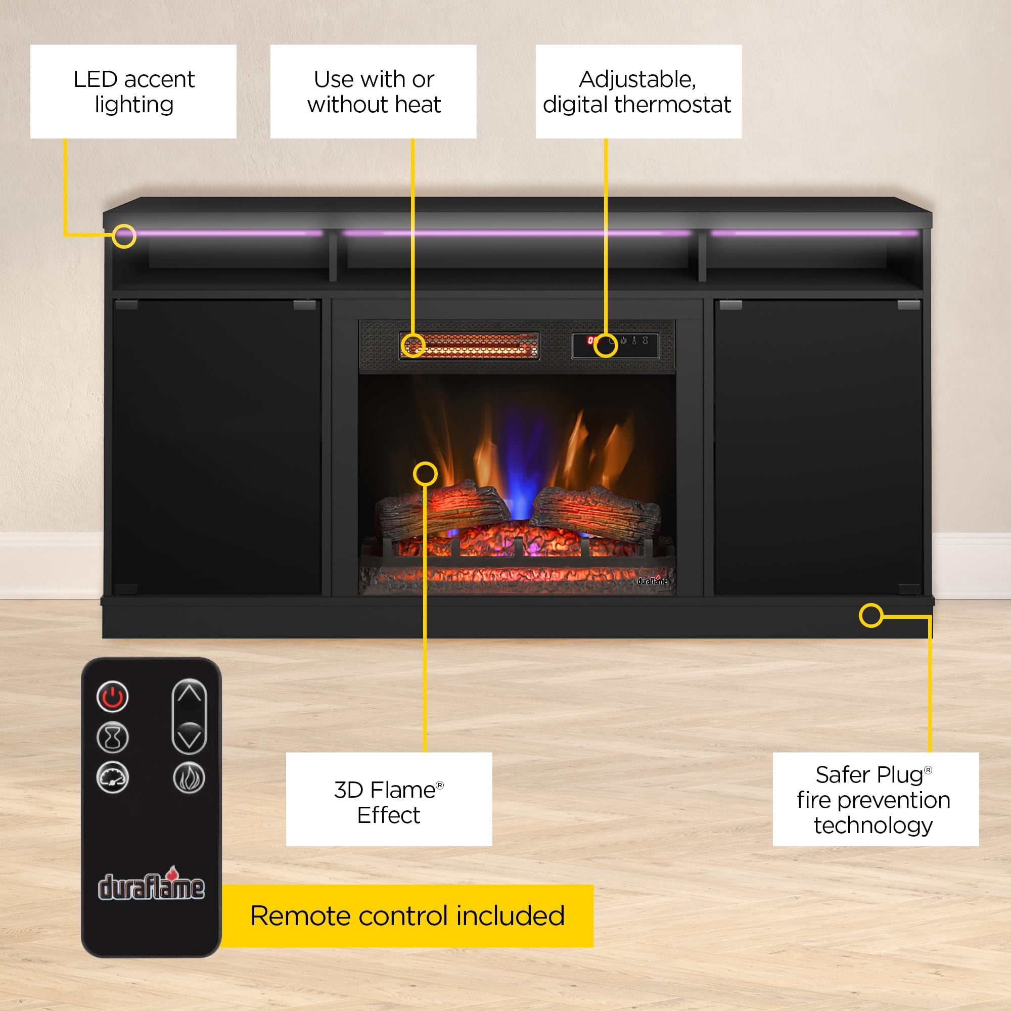 duraflame® Electric Fireplace TV Stand with Modern LED Accent Lighting and Remote, Black