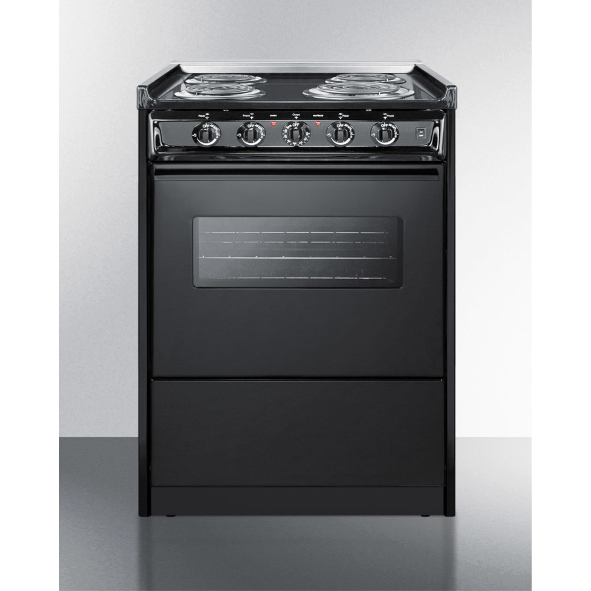 24" wide slide-in style electric coil range in black with window