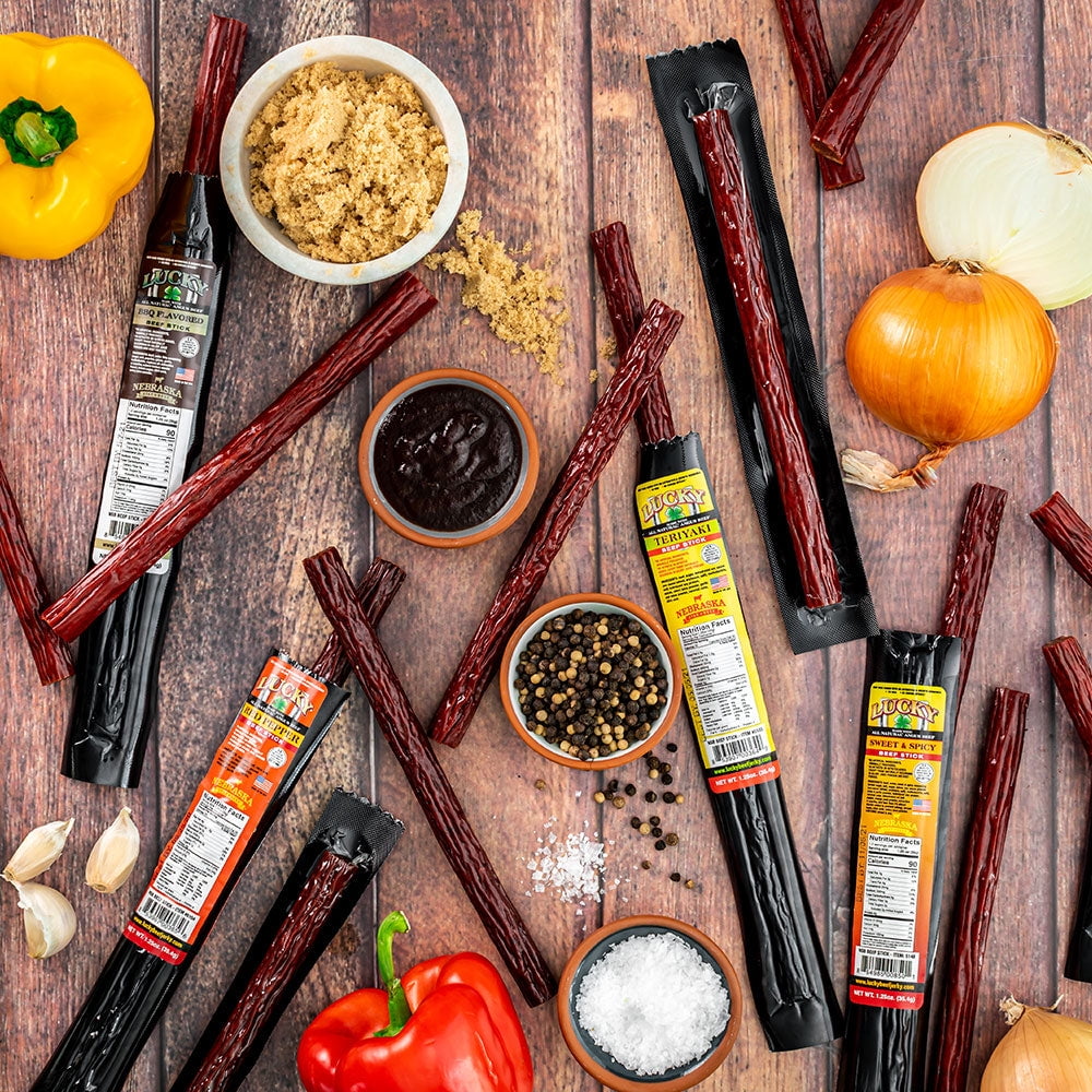 Lucky Jerky Gourmet Red Pepper Beef Sticks - Bulk 48-Pack, High-Protein All Natural Snack