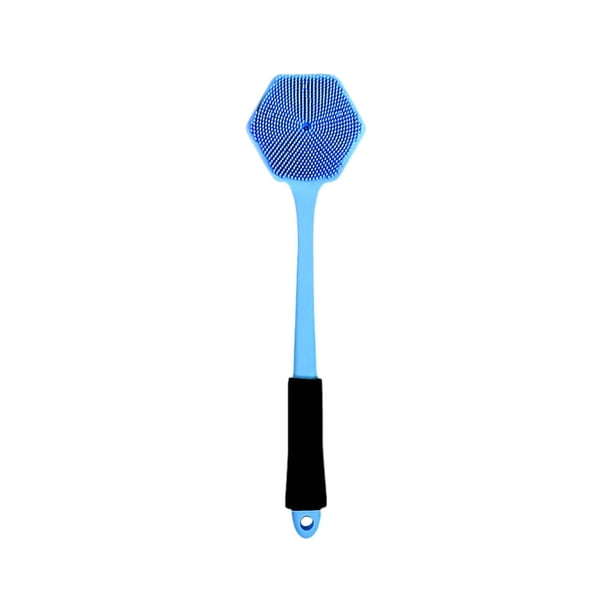 Cepillo de ducha de silicona, mango largo, doble cara, baño de burbujas con gancho para colgar, cepillo de baño ligero con cerdas de silicona. azul