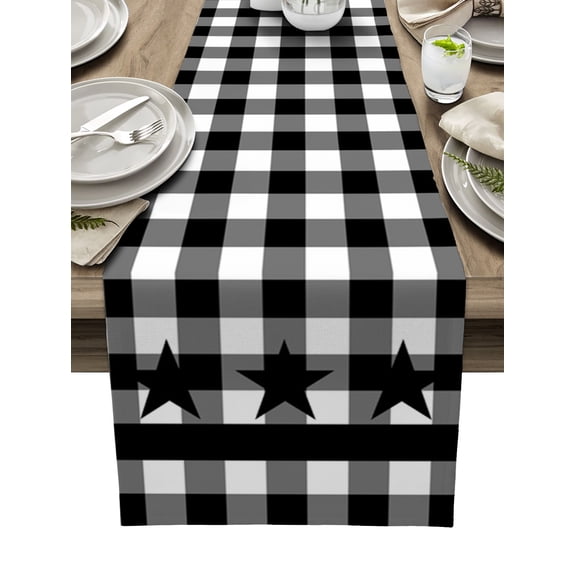 Table Runner Dresser Scarves 90 Inch Long, Black and White Buffalo Plaid Grid Linen Dining Table Runners Rustic Star Pattern on Checker Tabletop Scarf for Wedding Holiday Party Kitchen