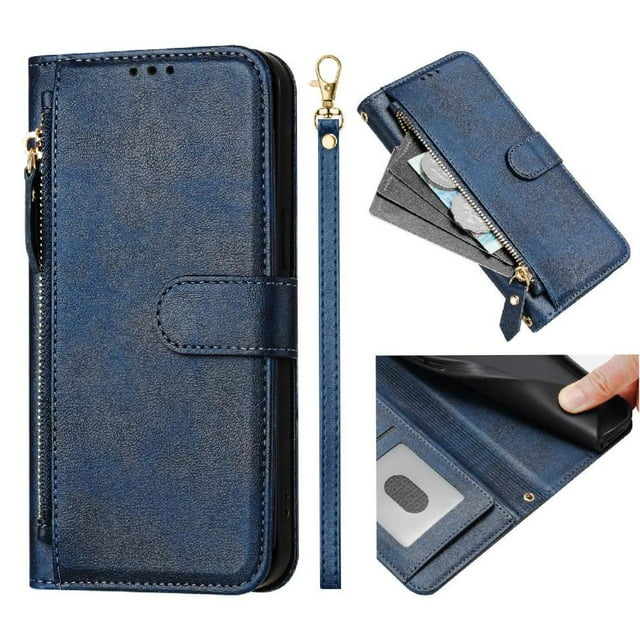 Filp Case for OPPO Reno 5 Lite Zipper Pocket Magnetic Flip Wallet Phone Case with 7 Card Slots and Wrist Strap