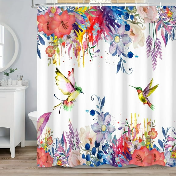 SUNOLIFE Spring Floral with Birds Shower Curtain Colorful Flowers and Hummingbird Fabric Bathroom Curtain 72x72 in