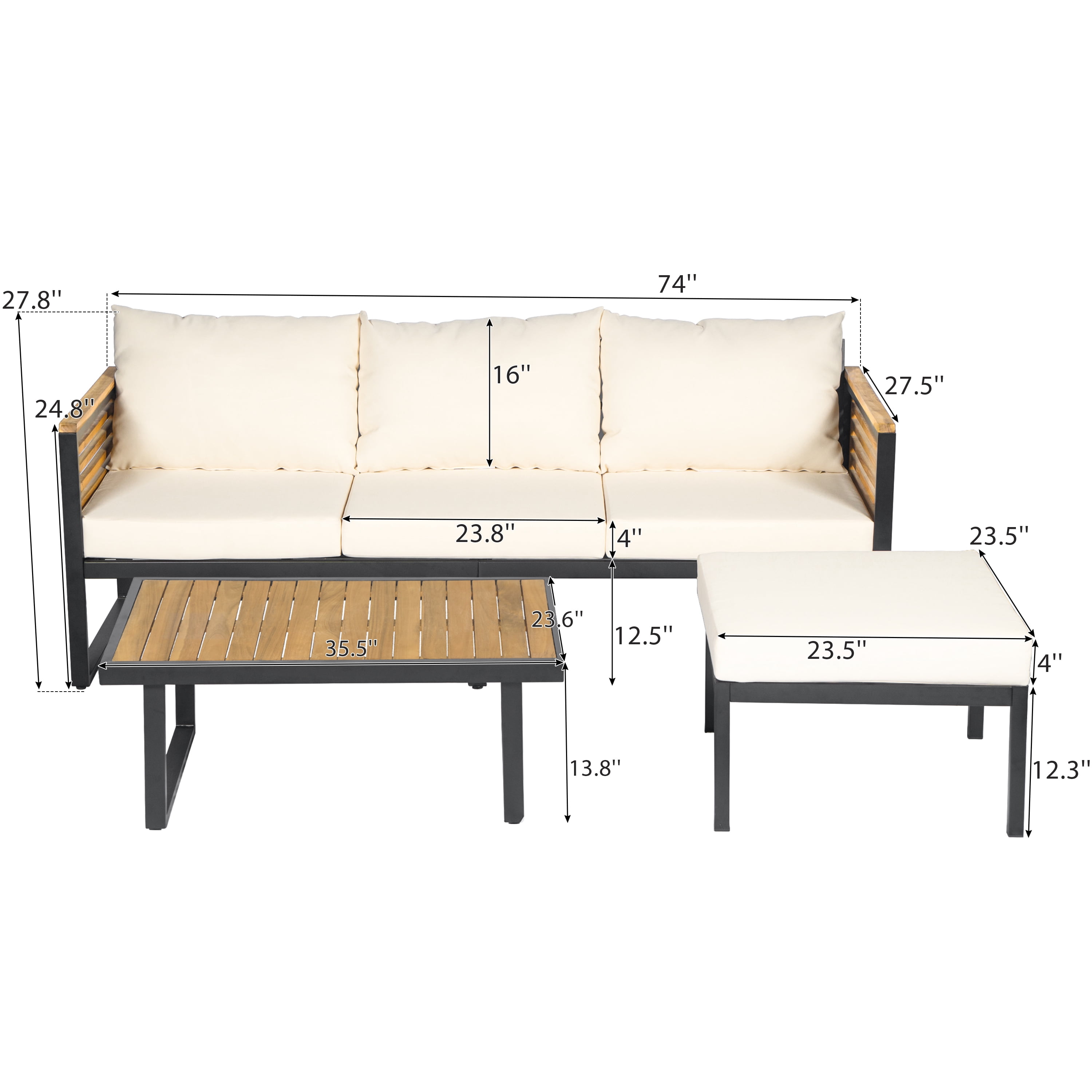 Outdoor 3-Piece Acacia Wood and Metal Patio Sofa Set, Sectional Seating with Ottoman and Coffee Table for Garden, Backyard, Deck, Porch, Teak+Beige