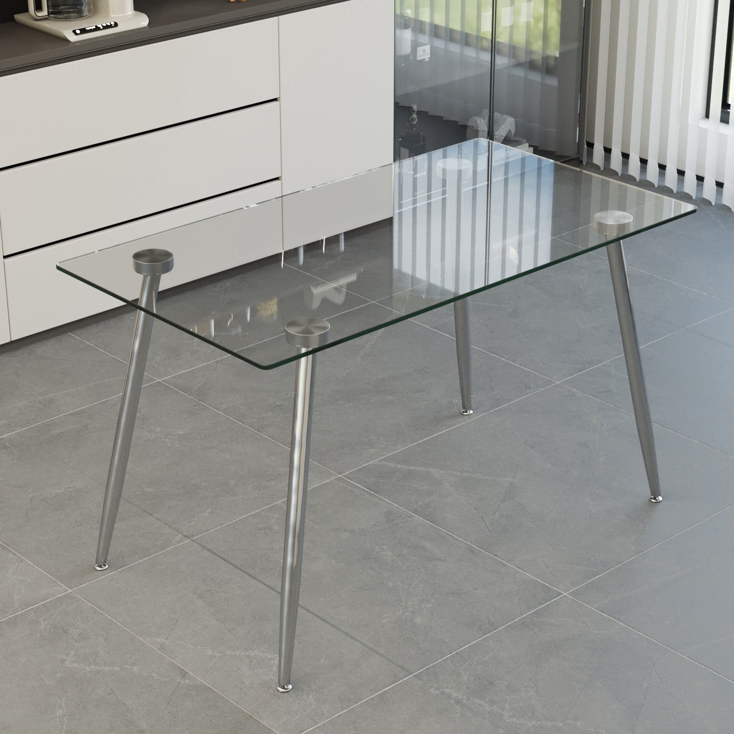 51" Glass Dining Table Set for 4, Silver Plating Legs with PU Armless Chairs, Modern Rectangle Tempered Glass Top​