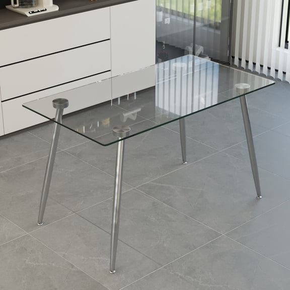 Nmkwnr Rectangular Dining Table with Sliver Metal Legs, Modern Tempered Glass Tabletop Kitchen Table for Home, Dining Room