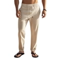 thumbnail image 4 of Men's Simple Casual Elastic Waist Drawstring Straight Leg Linen Pants Khaki XL, 4 of 10