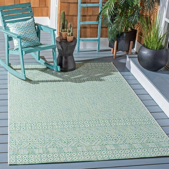 SAFAVIEH Courtyard Evander Geometric Indoor/Outdoor Area Rug, Ivory/Green, 5'3" x 5'3" Square
