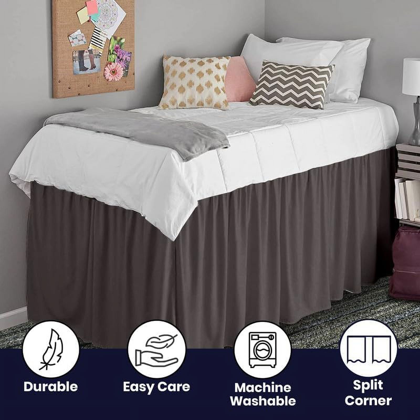 Dorm Bed Skirt Twin XL 60" Drop, College Dorm Room Bed Skirts Easy to Put On Twin XL Size Dust Ruffle Dorm Sized Bed Skirts, 600TC Egyptian Cotton Bed Skirt, (Grey, Twin-XL - 60" Drop)