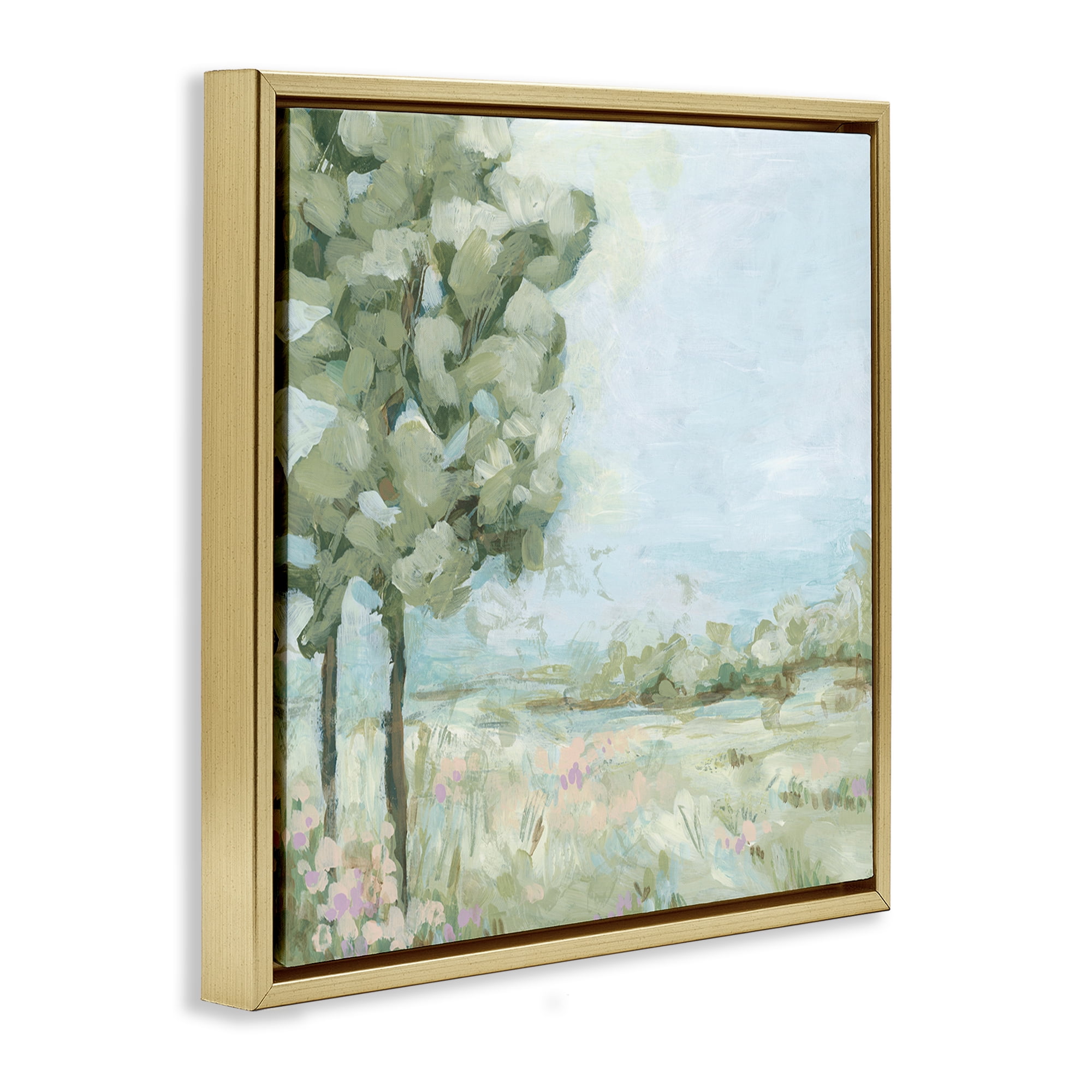 Stupell Industries Looming Tree by Field Landscape & Nature Painting Gold Floater Framed Canvas Art Print Wall Art, 18 x 18