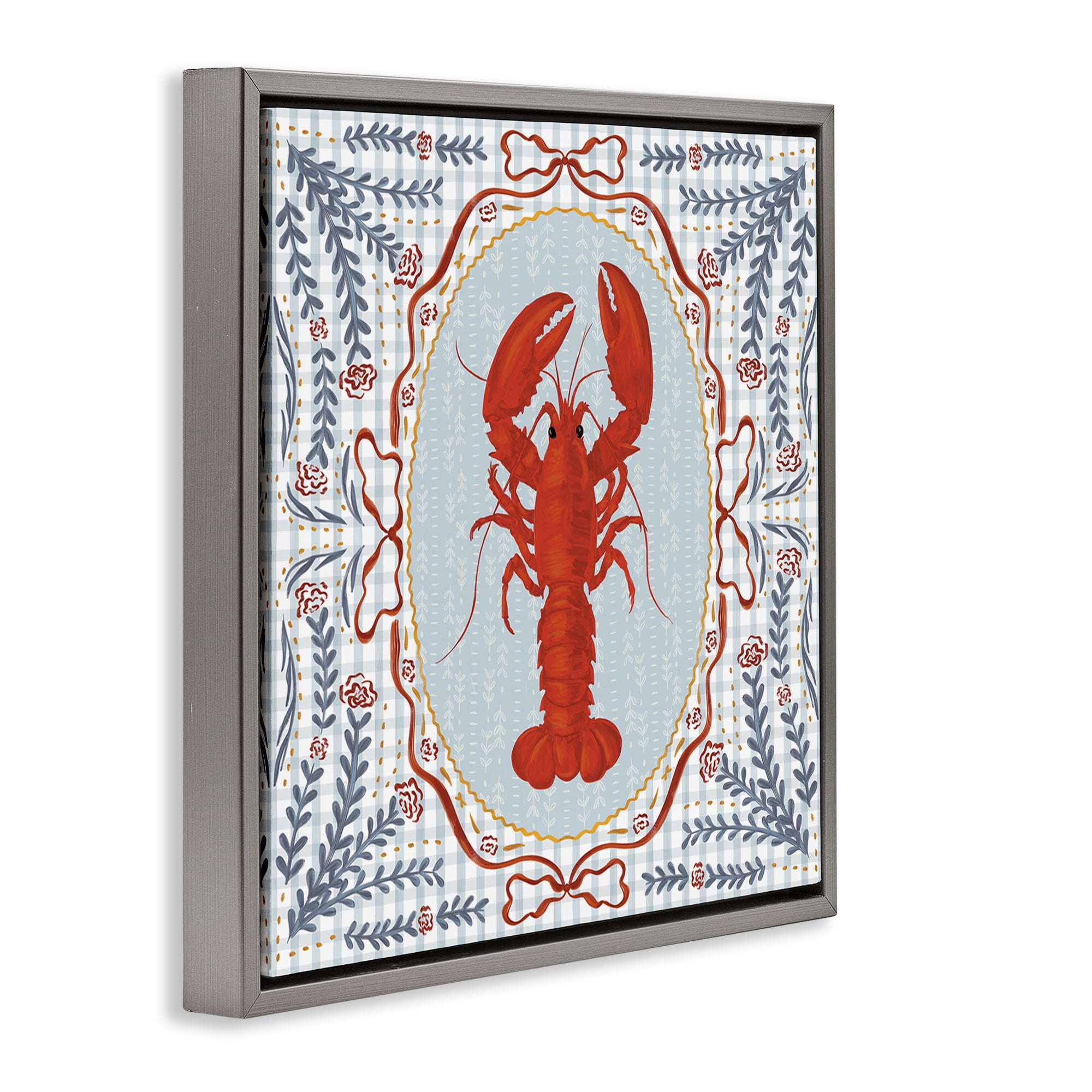 Stupell Industries Lobster Portrait Blue Gingham Gray Framed Floater Canvas Wall Art, design by Vero Illustrates