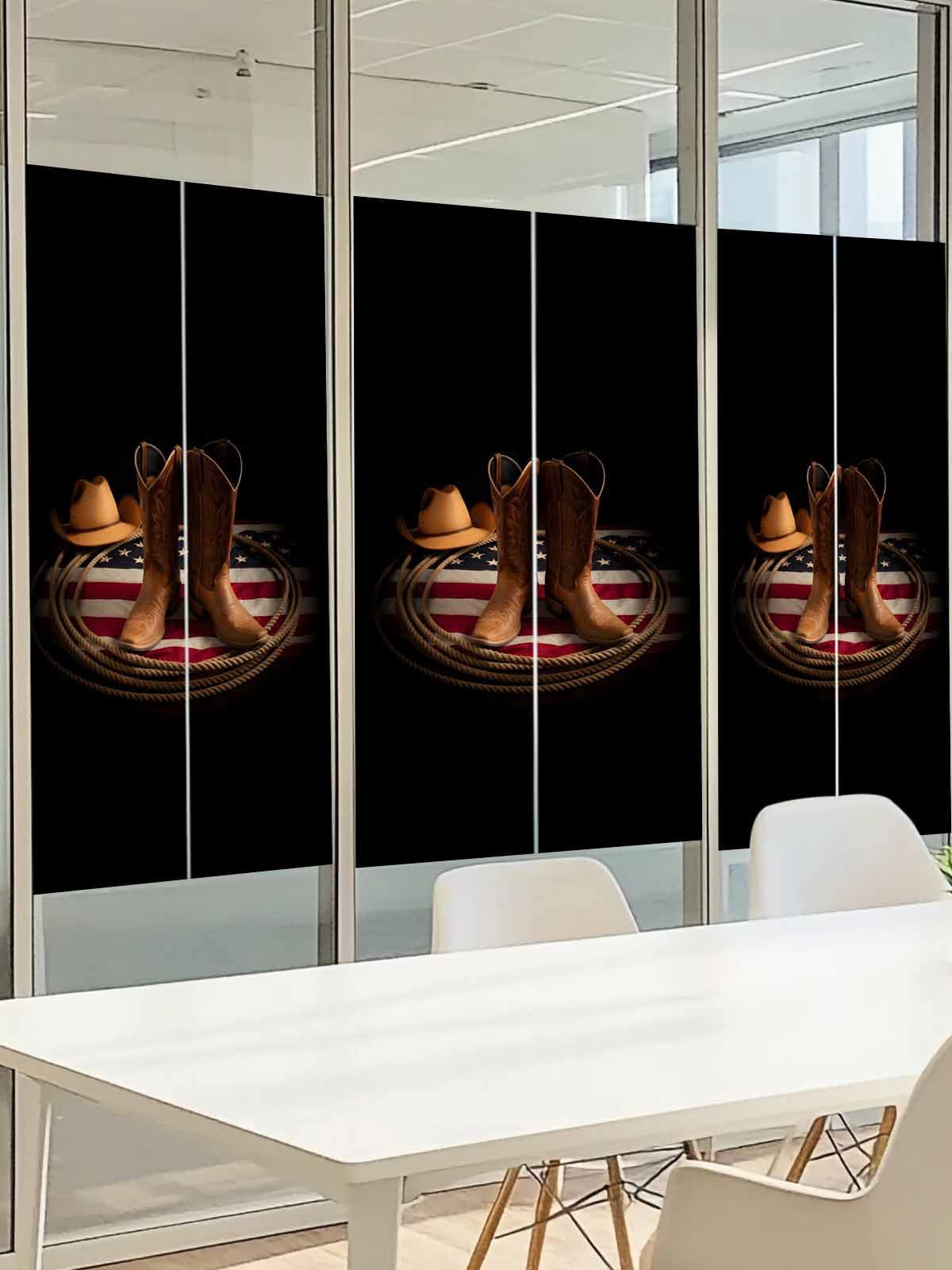 Western Cowboy Window Privacy Film, Rustic Cowboy Boots Hats USA Flag Retro Rope Frosted Glass Window Clings Static Cling UV Heat Blocking Reusable Door Sticker for Bathroom 23.6 x 59 Inch