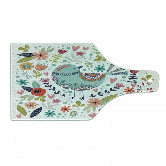 Bird Print Cutting Board, Folkloric Ornamental Avian Animal with Botanical Floral Design Illustration, Decorative Tempered Glass Cutting and Serving Board, in 3 Sizes, by Ambesonne
