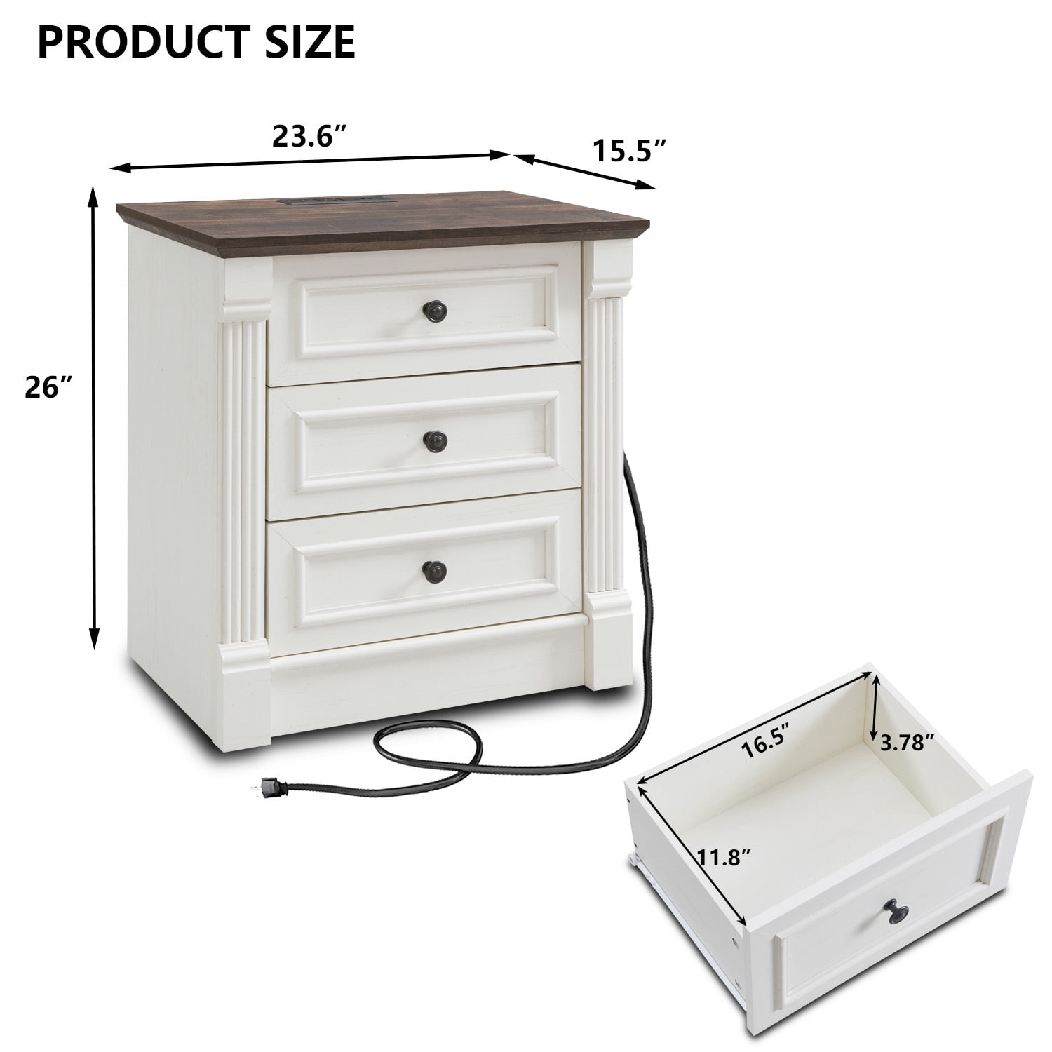 wow97e Farmhouse 3-Drawer Nightstand with Charging Station, Wood End Table with Roman Column for Bedroom, White