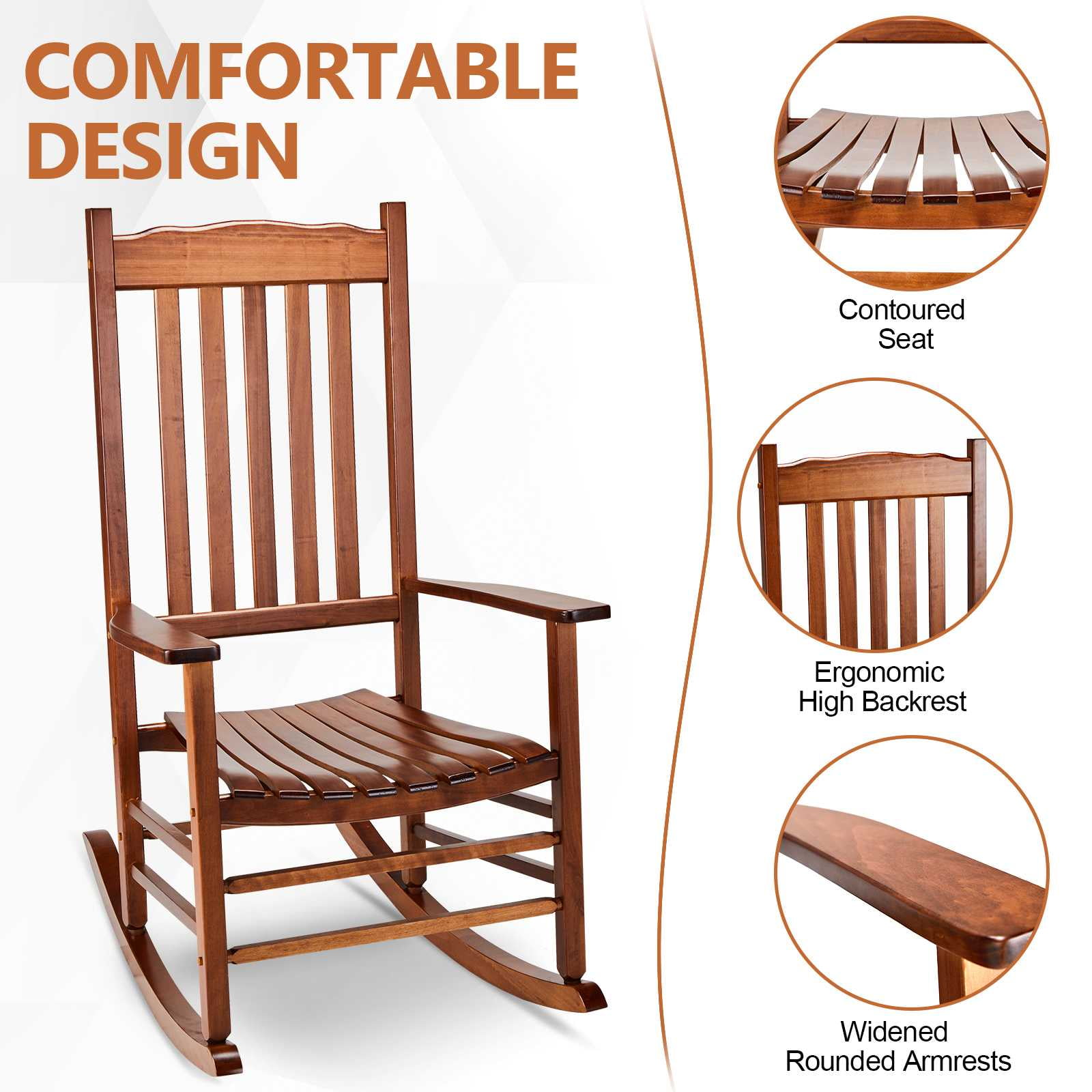 Ktaxon Wide Seat Wood Rocking Chair Outdoor Classic Wood Rocker, Sturdy Wood Frame, Porch Rocker for Cozy