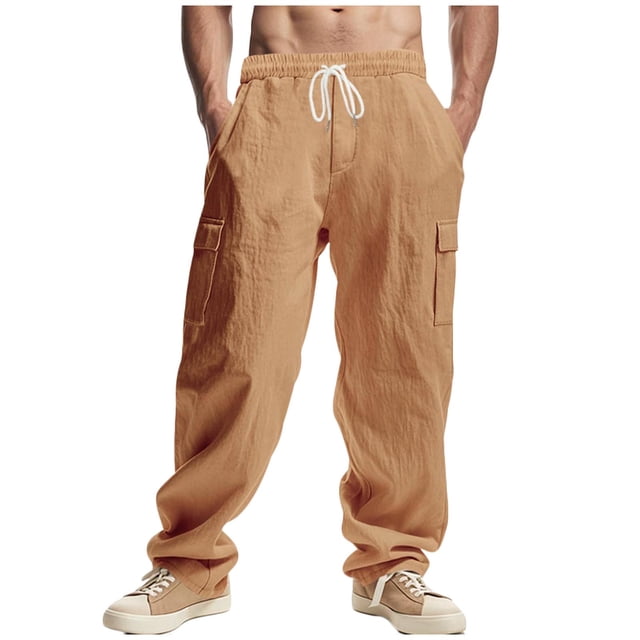 Dagugfen Mens Cargo Pants Drawstring Elastic Waist Loose Solid Color Lightweight Work Lounge Pants Pockets