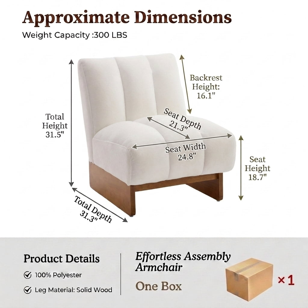 MOONMISS Modern Chenille Fabric Armchair with Wood Legs, Comfy Upholstered Reading Accent Chairs for Living Room,White