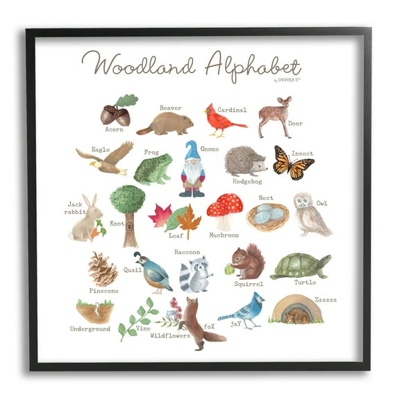 Stupell Industries Woodland Alphabet Wildlife Botanicals Learning Forest Creatures Graphic Art Black Framed Art Print Wall Art, Design by Dishique