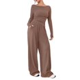 thumbnail image 2 of Women'S 2 Piece Matching Lounge Set Long Sleeve Boat Neck Top Wide Leg Pants Casual Sweatsuit Khaki S, 2 of 9