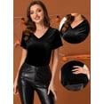 thumbnail image 2 of Camiseta casual de manga corta con cuello en V y parte superior de terciopelo para mujer Negro S, 2 of 4