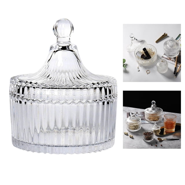 azucarero de vidrio perfecl europeo con tapa extraíble recipiente de comida de almacenamiento de especias para leche tazón de servir frasco transparente de vidrio texturizado estilo retro, vista frontal centrada con tapa de pomo esférico y paredes acanaladas verticales, mostrado en mesa de cocina; adecuado para azúcar y dulces, y a menudo usado para guardar joyas.