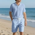 thumbnail image 4 of Paiyanr Cotton Linen Sets for Men Summer Breathable Tops Shorts 2 Piece Outfits Casual Short Sleeve Drawstring Waist Workwear Beach Shorts Sets, 4 of 9
