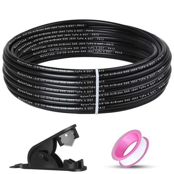 3/8" OD x 50FT DOT Air Line Tubing Kit Black SAE J844 PA12 Nylon Air Brake Hose with Cutter and Teflon Tape For Trailer Trucks RV Braking Systems or Fluid Transfer