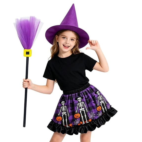 G`irls Halloween Skeleton Print Tutu Skirt Outfit Set, Witch Hat and Broom Accessory Pack for K_ids Party Dress Up