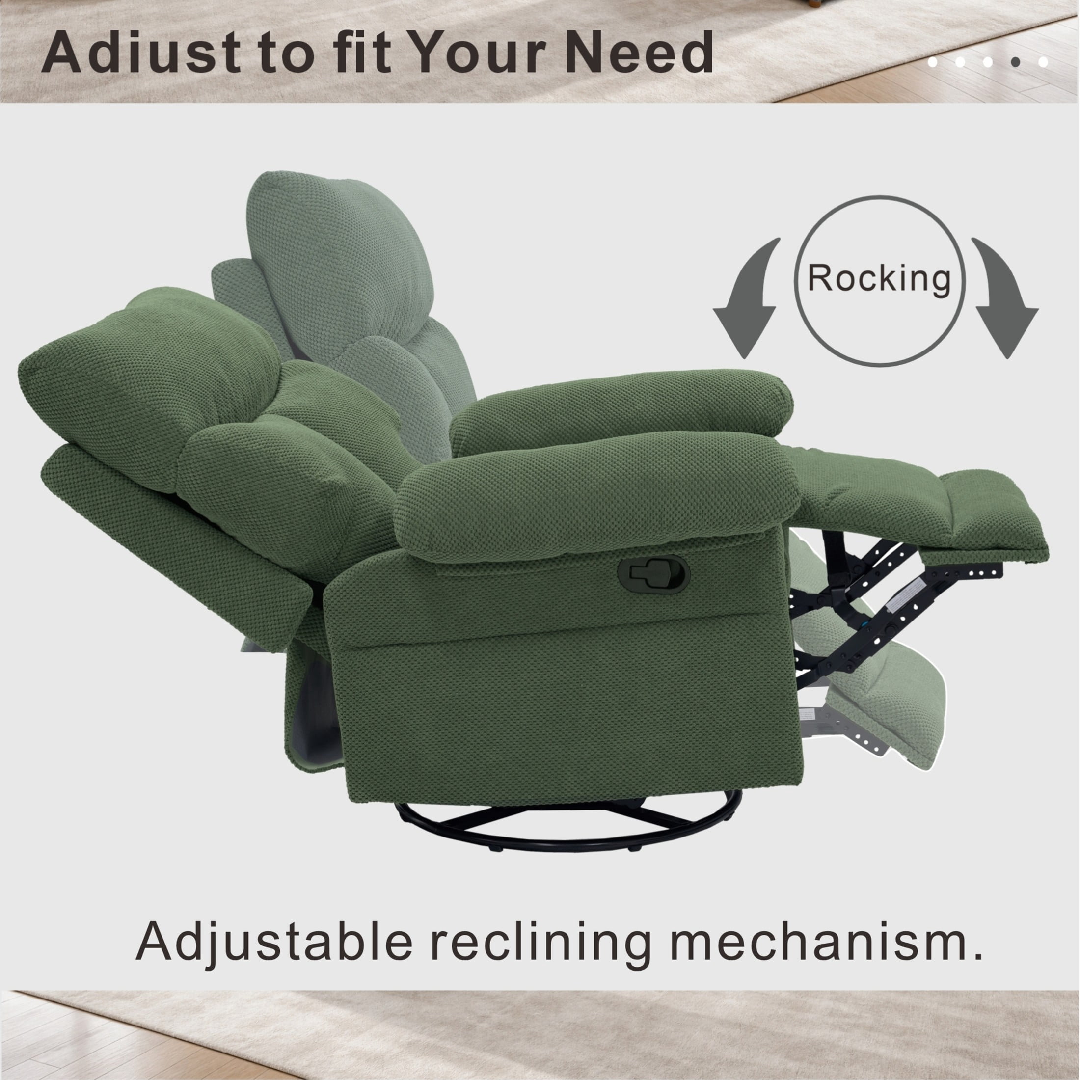 Noble House Modern Swivel Rocker Recliner Chair, Manual Glider Recliner with Textured Fabric, Dark Green