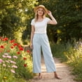 thumbnail image 6 of Dwellite Striped Linen Pants Women Elastic Waist Summer Boho Vacation Beach Pants Lightweight Cropped Straight Leg Lounge Pant Sky Blue S, 6 of 9