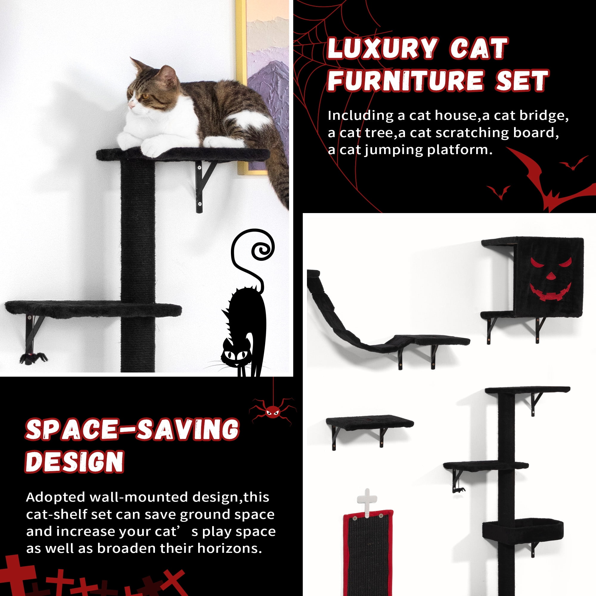 COZIWOW Gothic Wall Mounted Cat Furniture, 5 PCS Luxury Cat Wall Climbing Shelves Set Indoor Cat Furniture