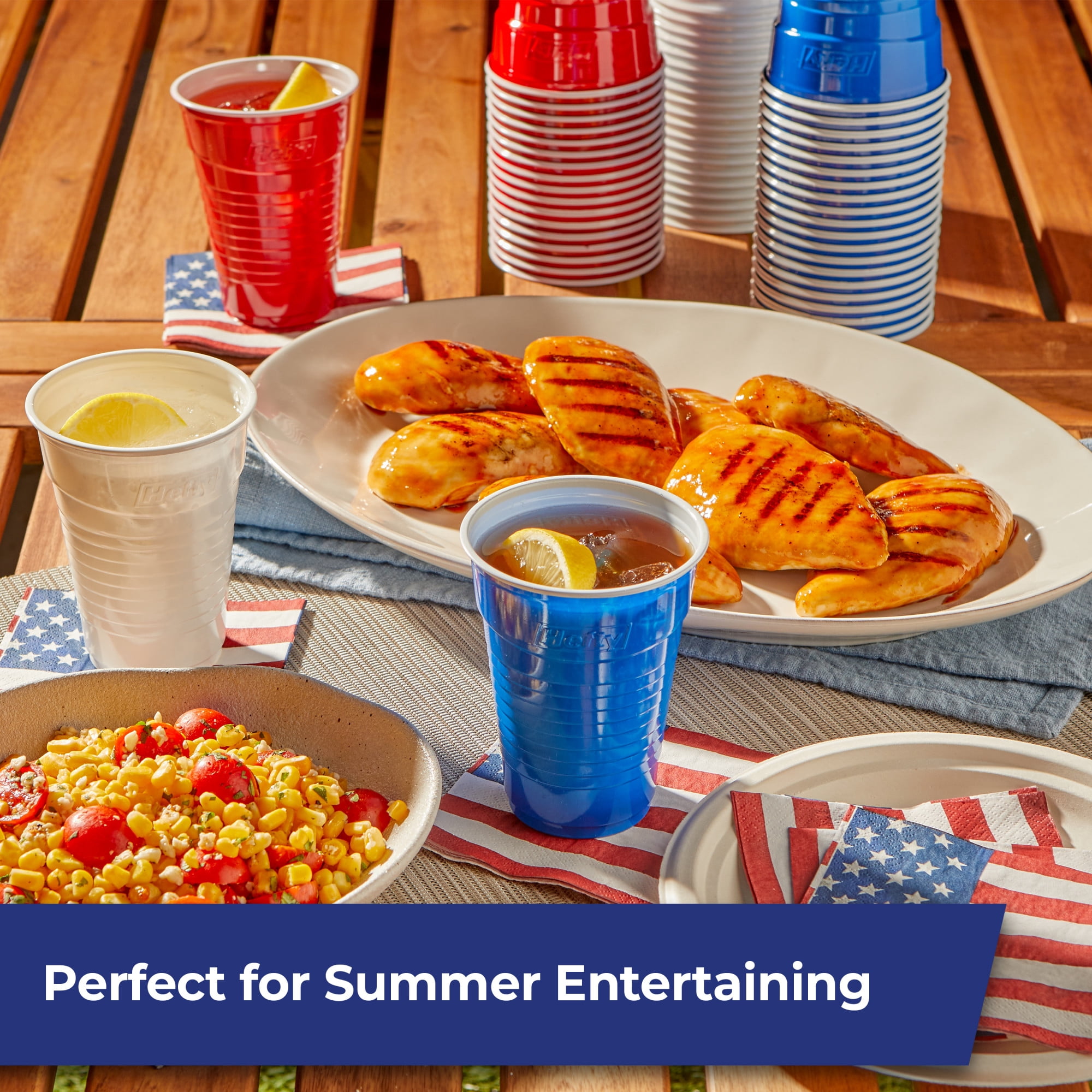 Hefty Party On Disposable Plastic Party Cups, Patriotic Assorted Colors and Festive Print, 16 oz. & 18oz., 80 Count