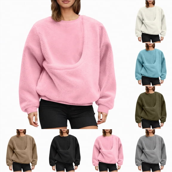vigerkar Fleece Dog Pouch Sweatshirt Womens Crew Neck Cat Pouch Oversized Pullover Long Sleeve Fuzzy Pet Sweatshirts (Pink, M)