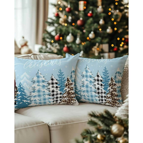 Christmas Decorative Throw Pillow Covers 12x20 Inch Set of 2 Merry Christmas Pillow Cases for Couch, Check Plaid Xmas Tree Snowflake Blue Cushion Case for Living Room Bedroom Bed Car Chair