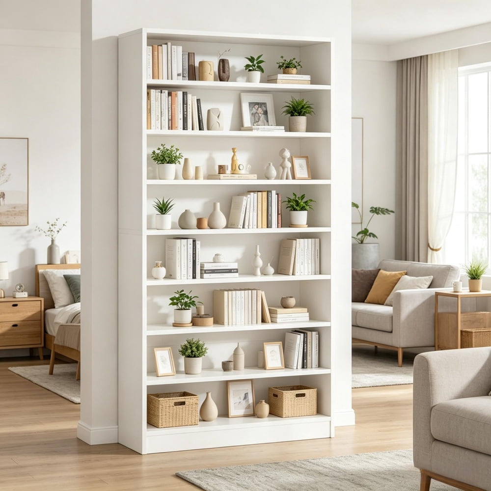 Minimalist Storage Bookshelf, E1 Particle Board Display Cabinet with Anti-Tip Device & Non-Slip Pads, Space-Saving Organizer for Living Room Bedroom Office