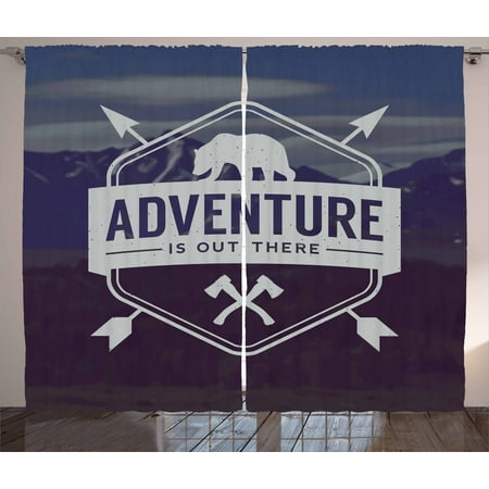 Adventure Curtains 2 Panels Set, Adventure Logo with a Motivational Quote Hatchets and Bear Mountain Landscape, Window Drapes for Living Room Bedroom, 108W X 96L Inches, Stale Blue, by Ambesonne