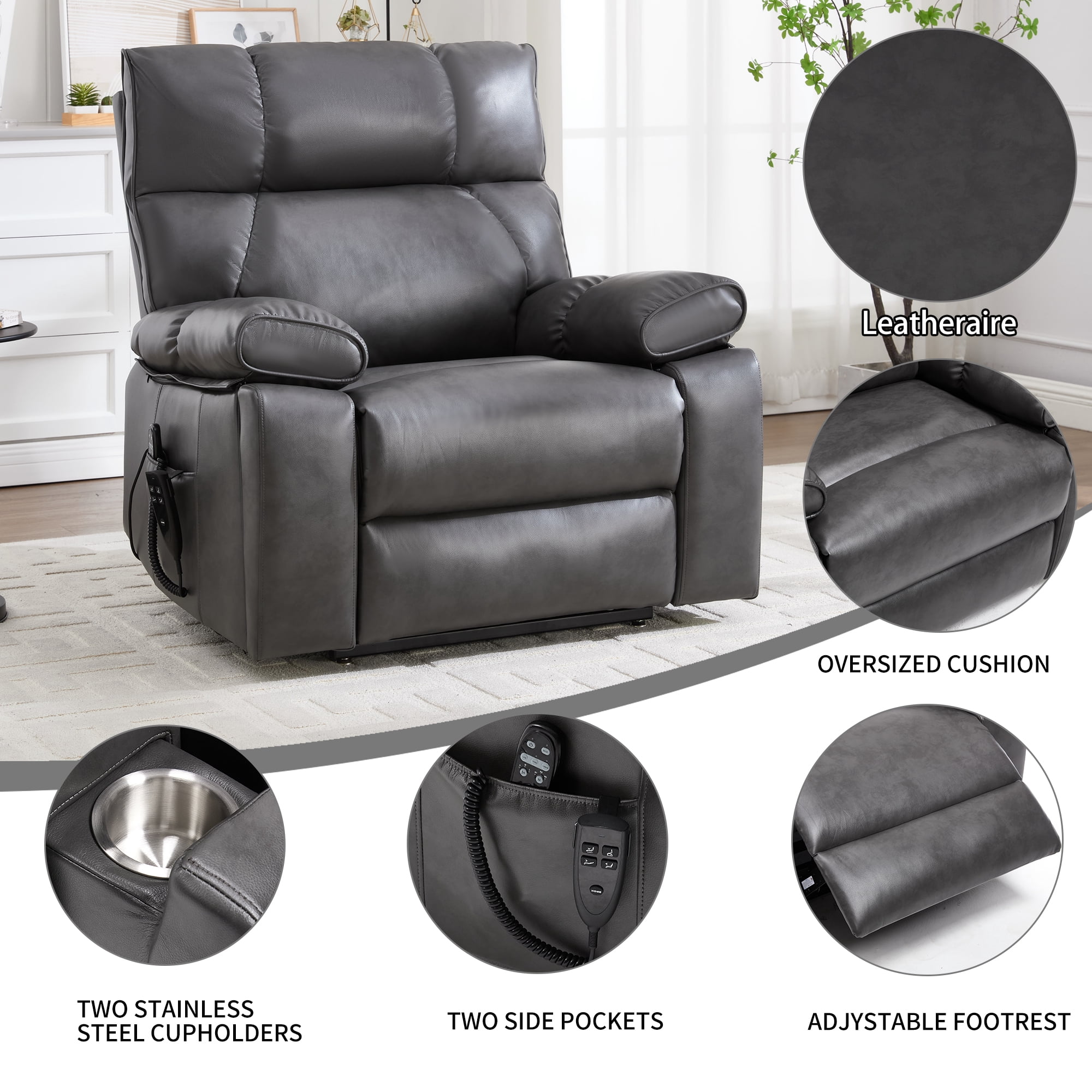 Leumius Large Electric Power Lift Recliner Chair for Elderly,23.5" Extra Wide Seat Recliners Single Sofa with Vibration Massage and Lumbar Heating,Dual Motor,Infinite Position,Dark Gray+Faux Leather