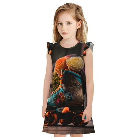 Girls Nightgowns - Classic Floral Blue Skate Shoes Soft Comfort Flutter Sleeves Night Sleep Dress Sleepwear for Toddler Girl Pajamas Pjs