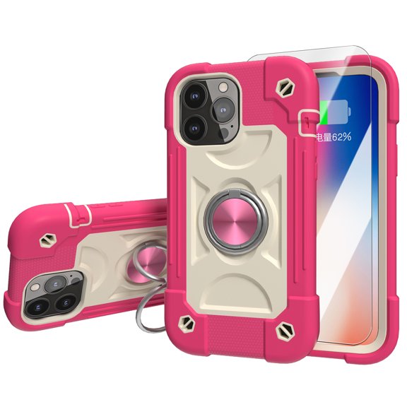 Dteck Case with Tempered Glass Screen Protector for iPhone 13 Pro Shockproof Silicone PC Case with Double Ring Stand Back Phone Cover for iPhone 13 Pro,Rose