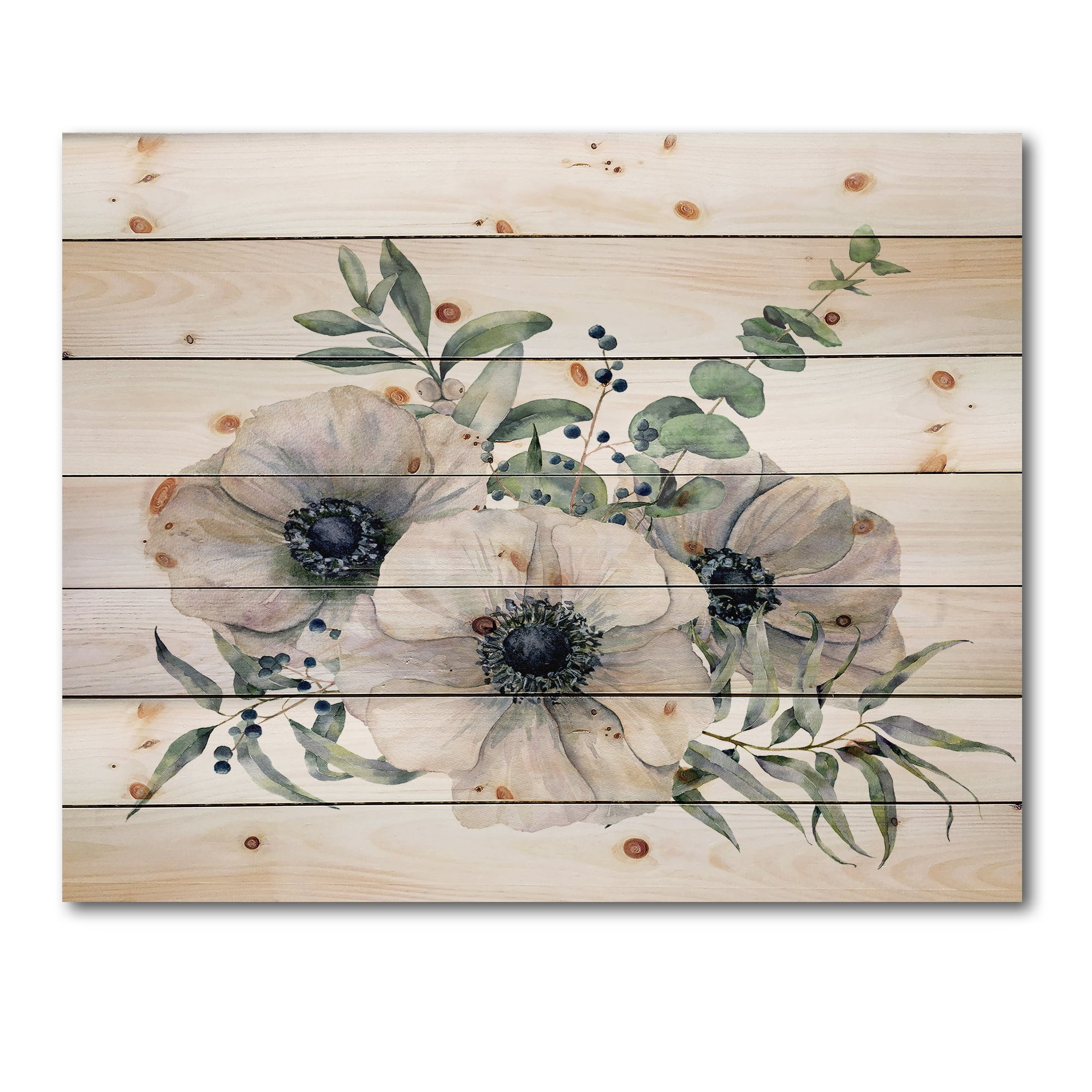 Designart 'Eucalyptus Leaves With White Anemone Bouquet' Traditional Print on Natural Pine Wood