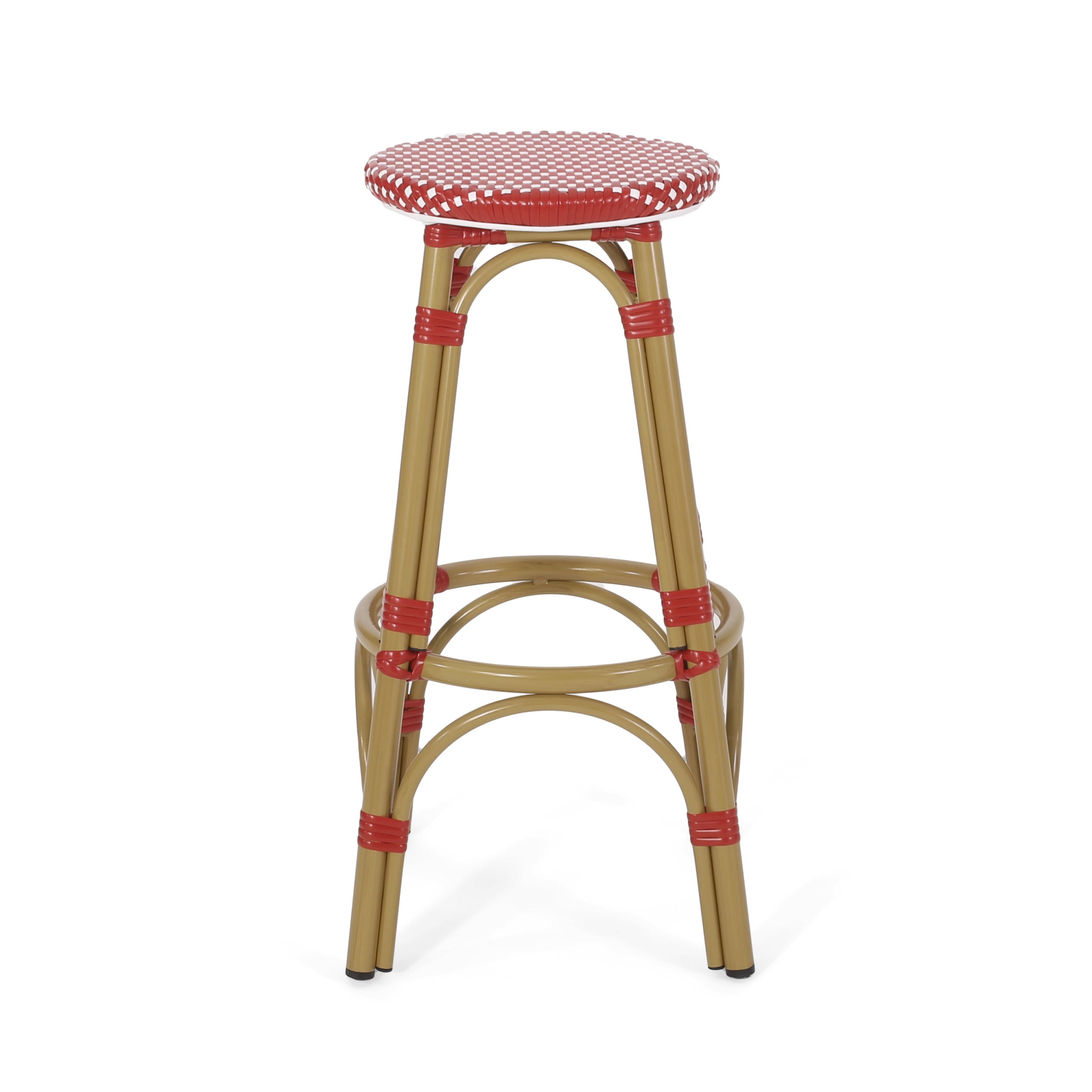 Wilbur Aluminum and Wicker Outdoor 29.5 Inch Barstools, Set of 2, Red, White, and Bamboo Finish